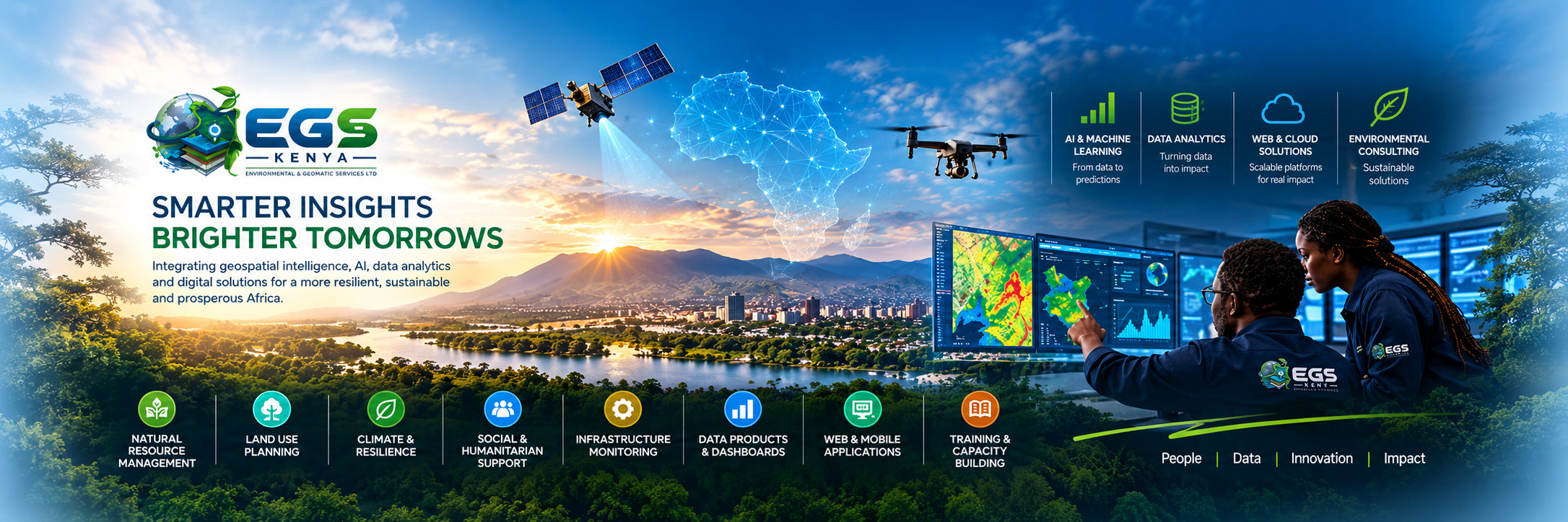 EGS Kenya company banner: Smarter Insights. Brighter Tomorrows. Geospatial intelligence over Kenya landscape